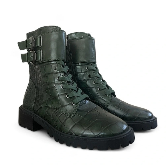 VINCE CAMUTO Combat Boot Women's 5.5 Fawdry Double Buckle in Green Croc - Picture 1 of 6